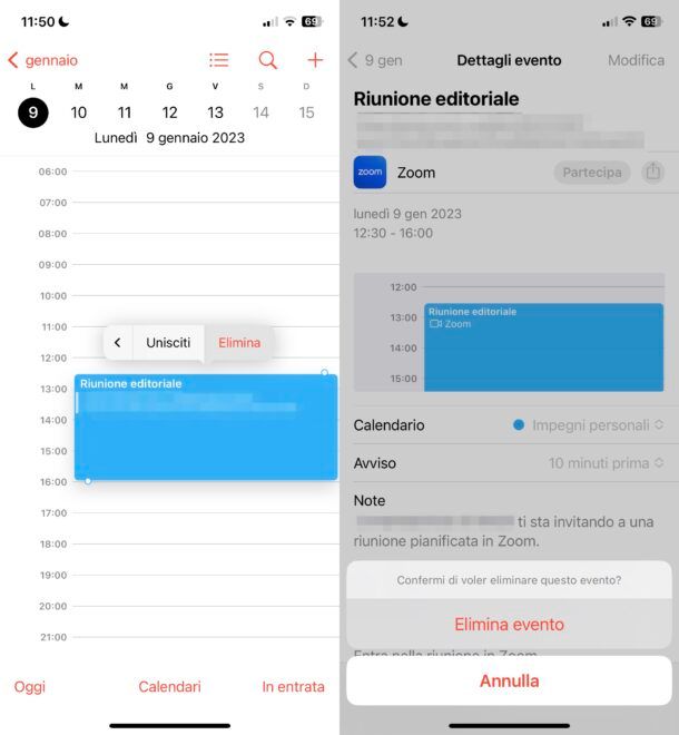 Eliminare un evento dal calendario Apple