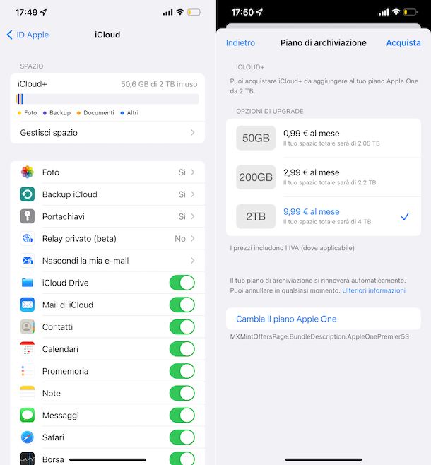 Acquisto spazio iCloud iPhone