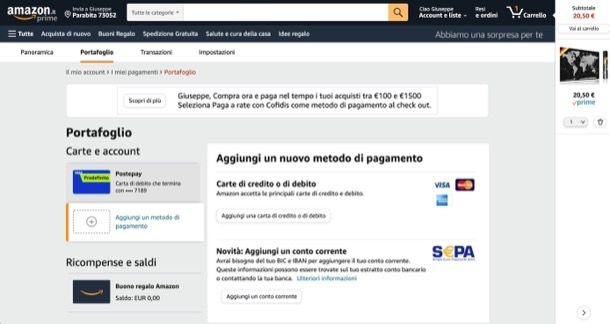 Aggiungere Postepay su Amazon