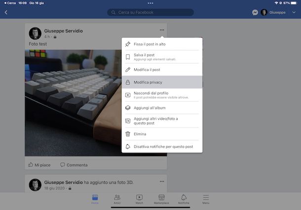 Nascondere post Facebook su iOS/iPadOS