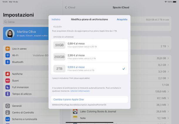 Acquisto spazio iCloud iPad