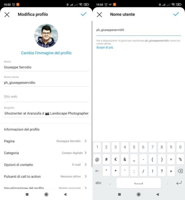 Cambiare il nome utente Instagram