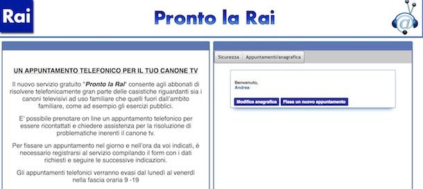 Prenotare chiamata Rai per canone