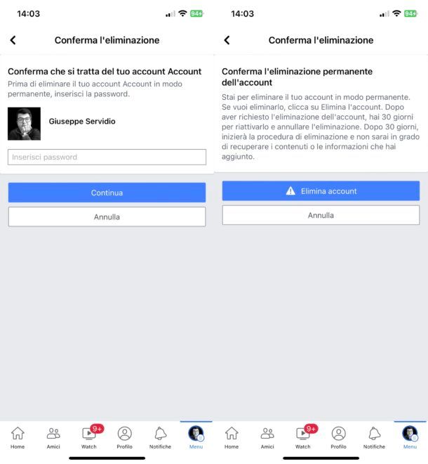 Eliminare account Facebook da mobile