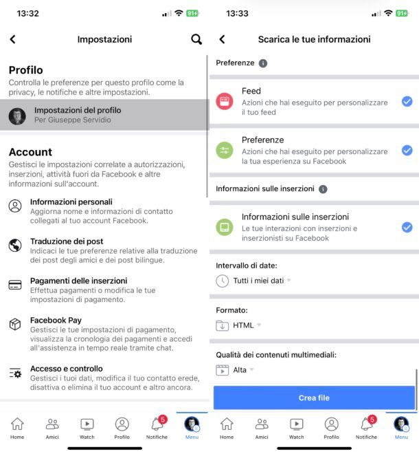 Scaricare informazioni del proprio account Facebook