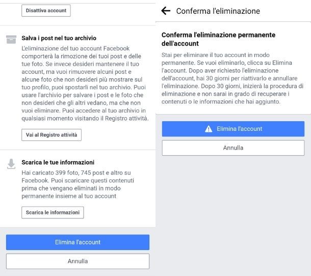 Impostazioni eliminazione account app