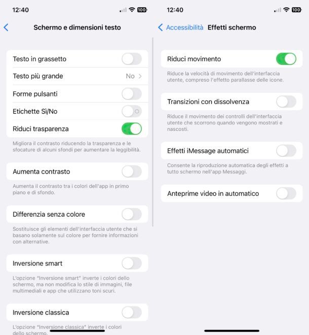 Ridurre effetti di trasparenza e movimento su iPhone