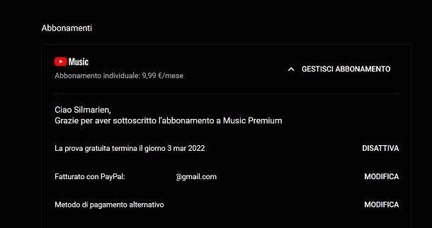 YT Music disattivazione