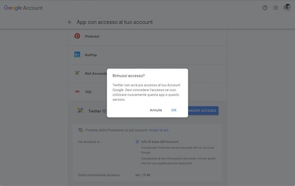 Eliminare app con accesso da account Google