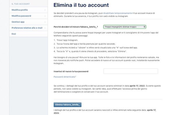 Eliminazione Instagram