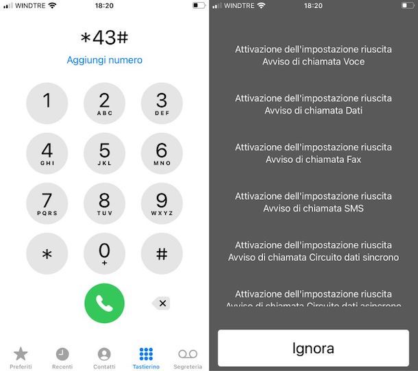 Codice di attivazione avviso di chiamata WINDTRE