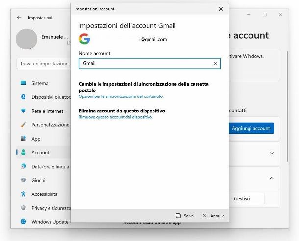 Rimuovere account Gmail da Windows 11