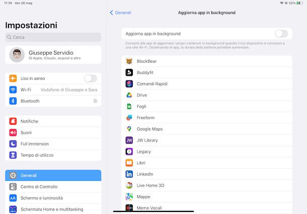Disattivare aggiornamenti in background app iPad