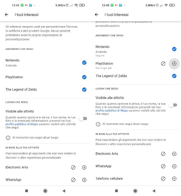 Interessi app Google