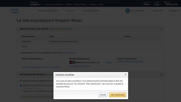 Disattivazione Amazon Prime Music Unlimited