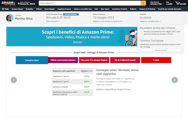 Disattivazione Amazon Prime