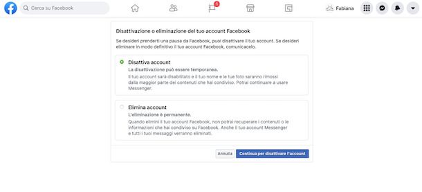 Impostazioni disattivazione account Web
