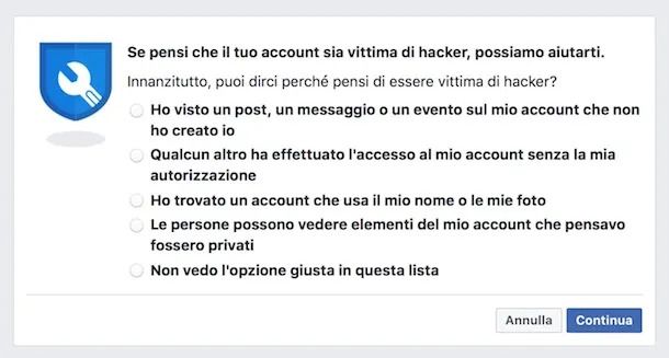 Impostazioni per account hackerato Facebook Web