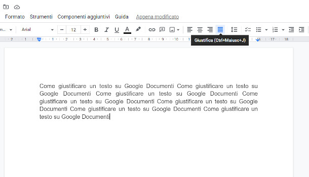 google documenti pulsante giustificato