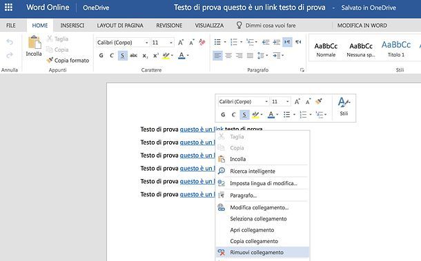 Come eliminare collegamenti ipertestuali da Word online