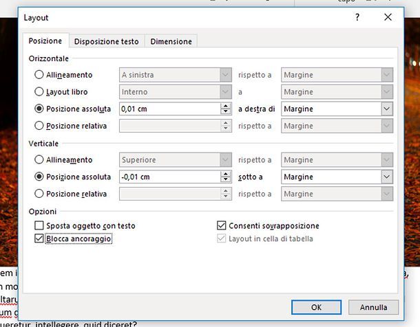 Come ancorare un'immagine in Word