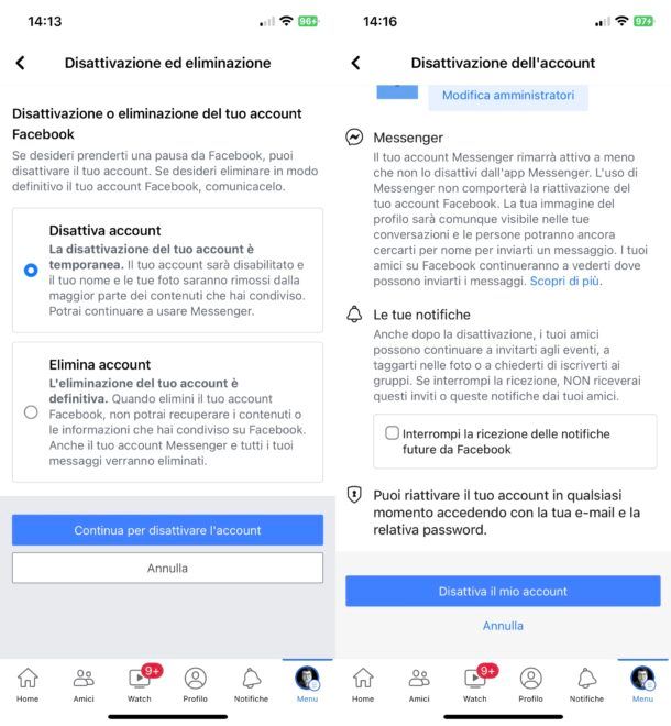 Disattivare temporaneamente account Facebook da mobile