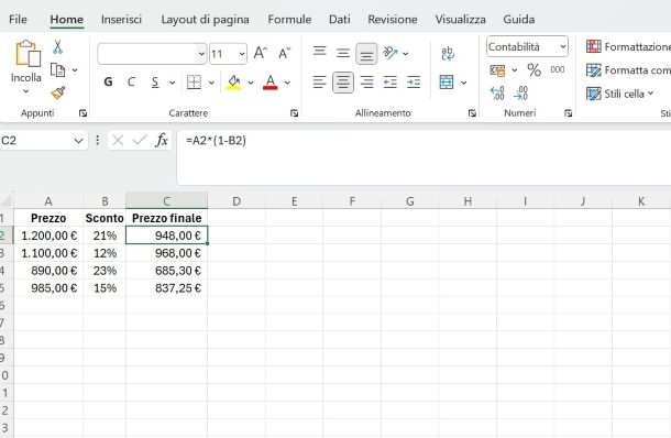 Come sottrarre percentuale da numero su Excel