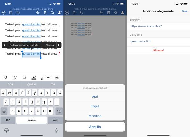 Come eliminare collegamenti ipertestuali da Word per iOS