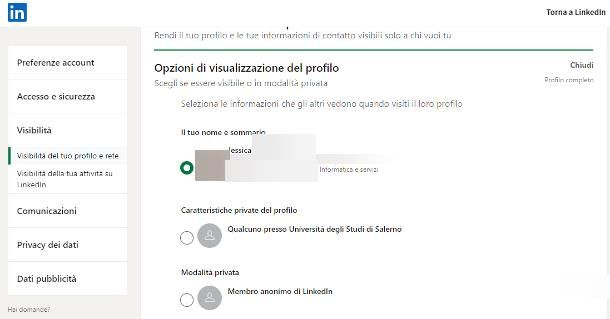 Navigazione anonima: LinkedIn