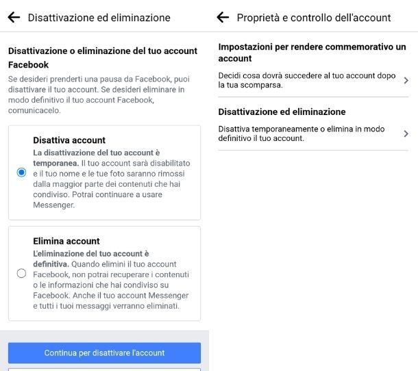Impostazioni di disattivazione Facebook app