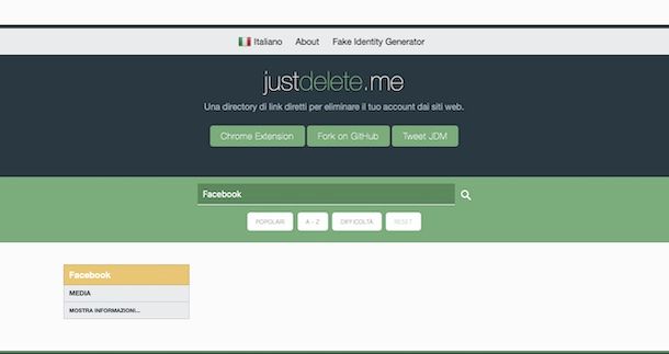 Cancellare account con JustDelete.me