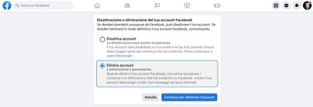 Eliminare account Facebook da computer