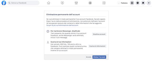 Impostazioni eliminazione account Facebook Web
