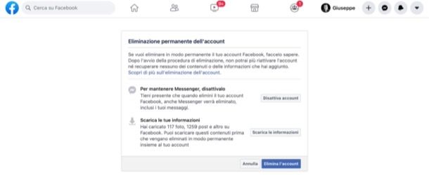 Cancellare account Facebook da PC