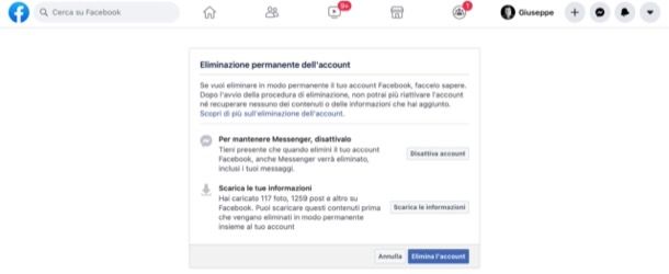 Eliminare account Facebook