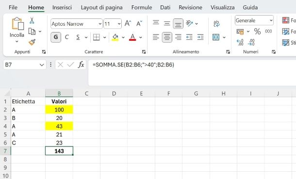 Sommare su Excel celle colorate
