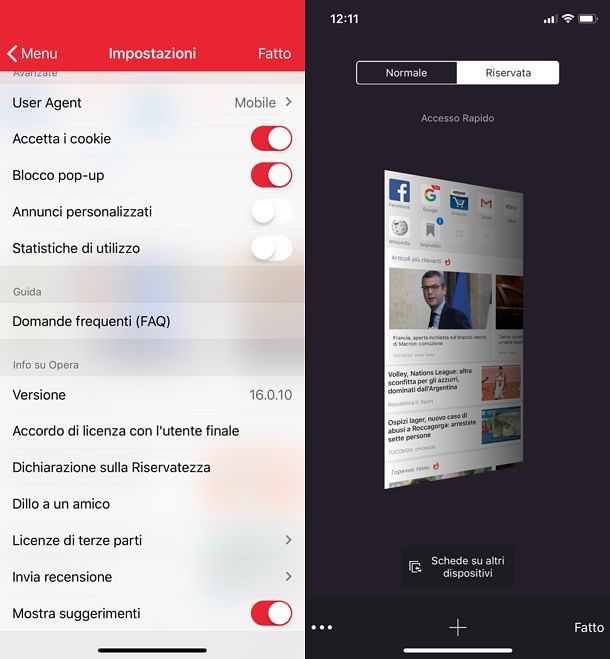 Come attivare i cookie su Opera per iPhone