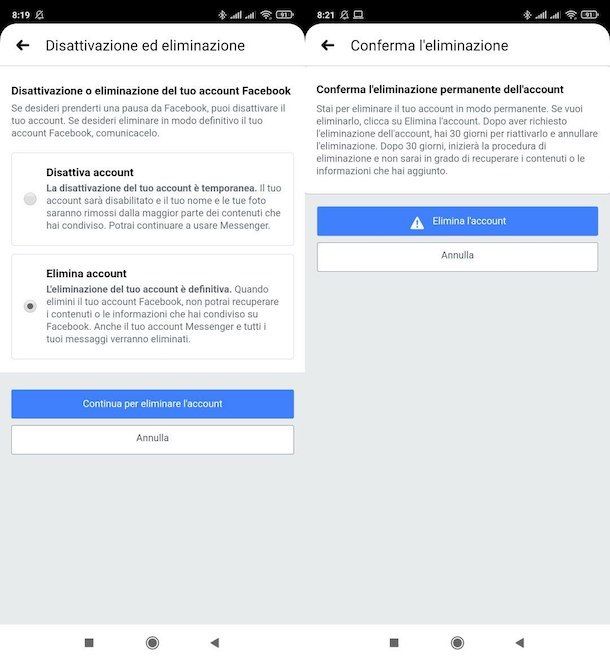 Eliminare account Facebook da mobile