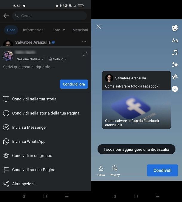 Come condividere post Facebook nelle storie