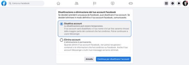 Disattivare account Facebook da computer