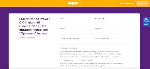 Registrazione a NOW TV