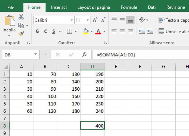 Come sommare righe su Excel