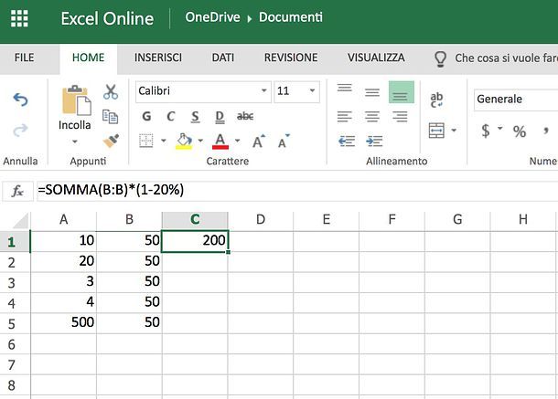 Come sottrarre la percentuale in Excel Online