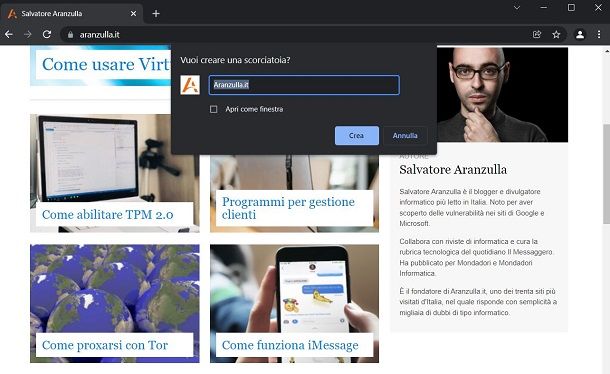 Creare collegamento sul desktop con Chrome