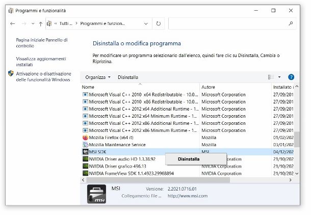 Disinstallare programmi Windows 10