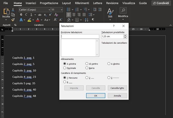 Allineare i numeri dell'indice su Microsoft Word