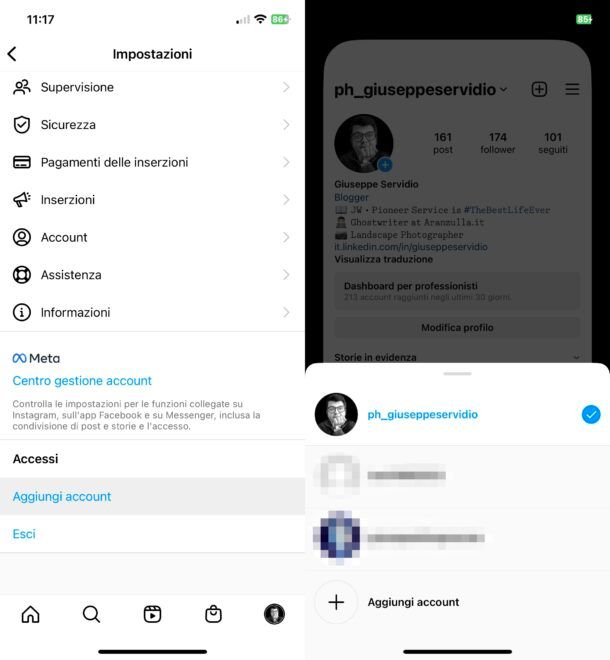Aggiungere account su Instagram da mobile