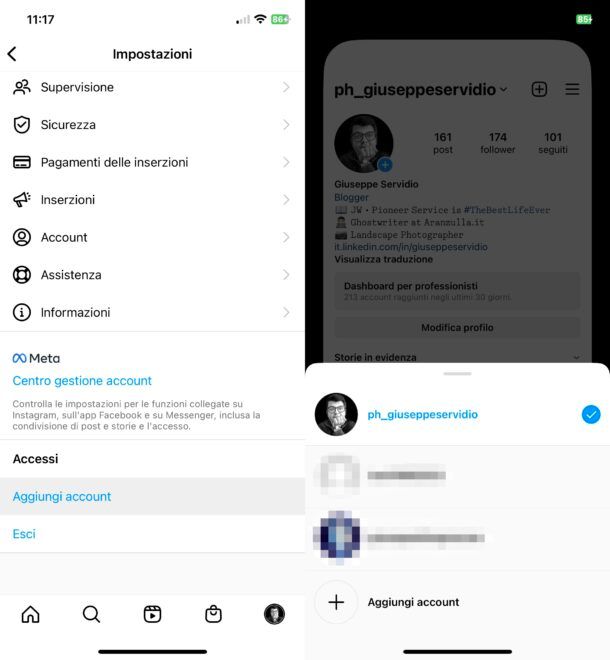 Aggiungere account su Instagram da mobile