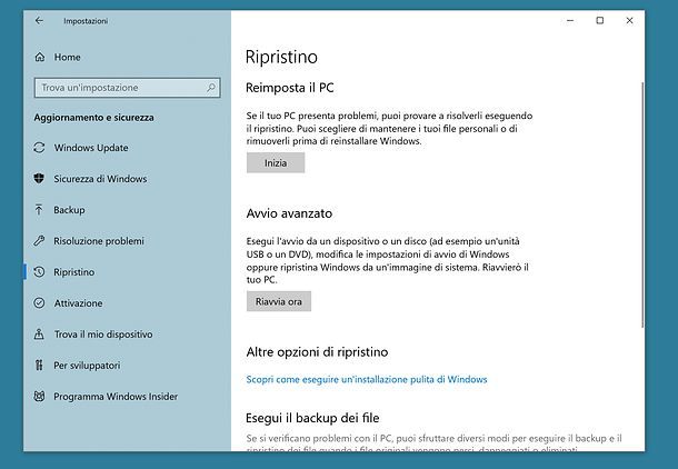 Come ripristinare il PC con Windows 10