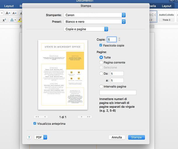 Come stampare in bianco e nero in Word per Mac